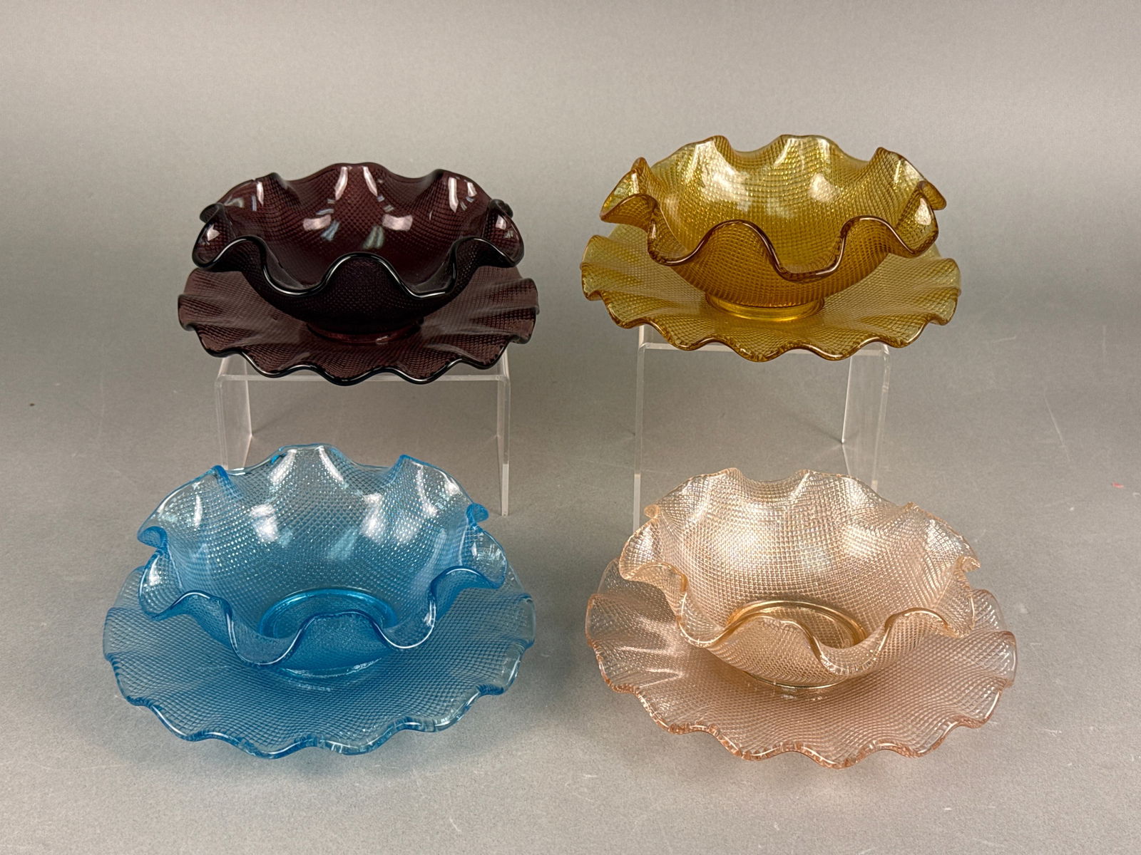 A Collection of Four Sets of Ruffled Waffle-Textured Colored Glass Bowls and Dishes (1 of 8)