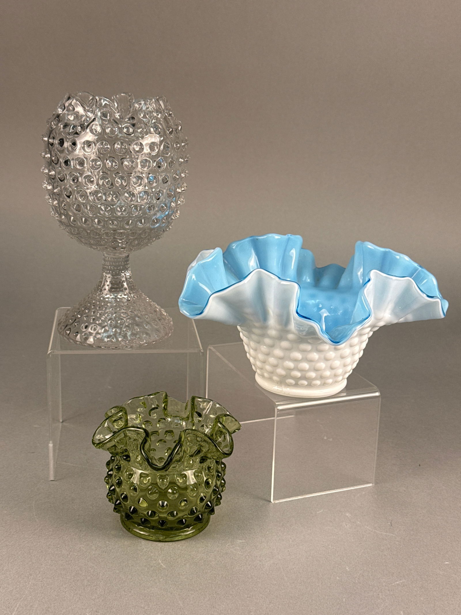 Three Hobnail Glass Decorative Items, including a Fenton Kanawha White and Blue Ruffled Bowl (1 of 4)
