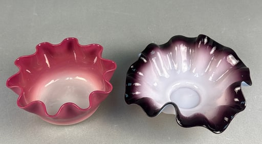 A Pair of Victorian Cased Glass Ruffled Bride Basket Bowls