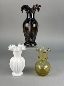 Imperial Glass Brown and White Slag Glass Vase and Two Assorted Glass Vases