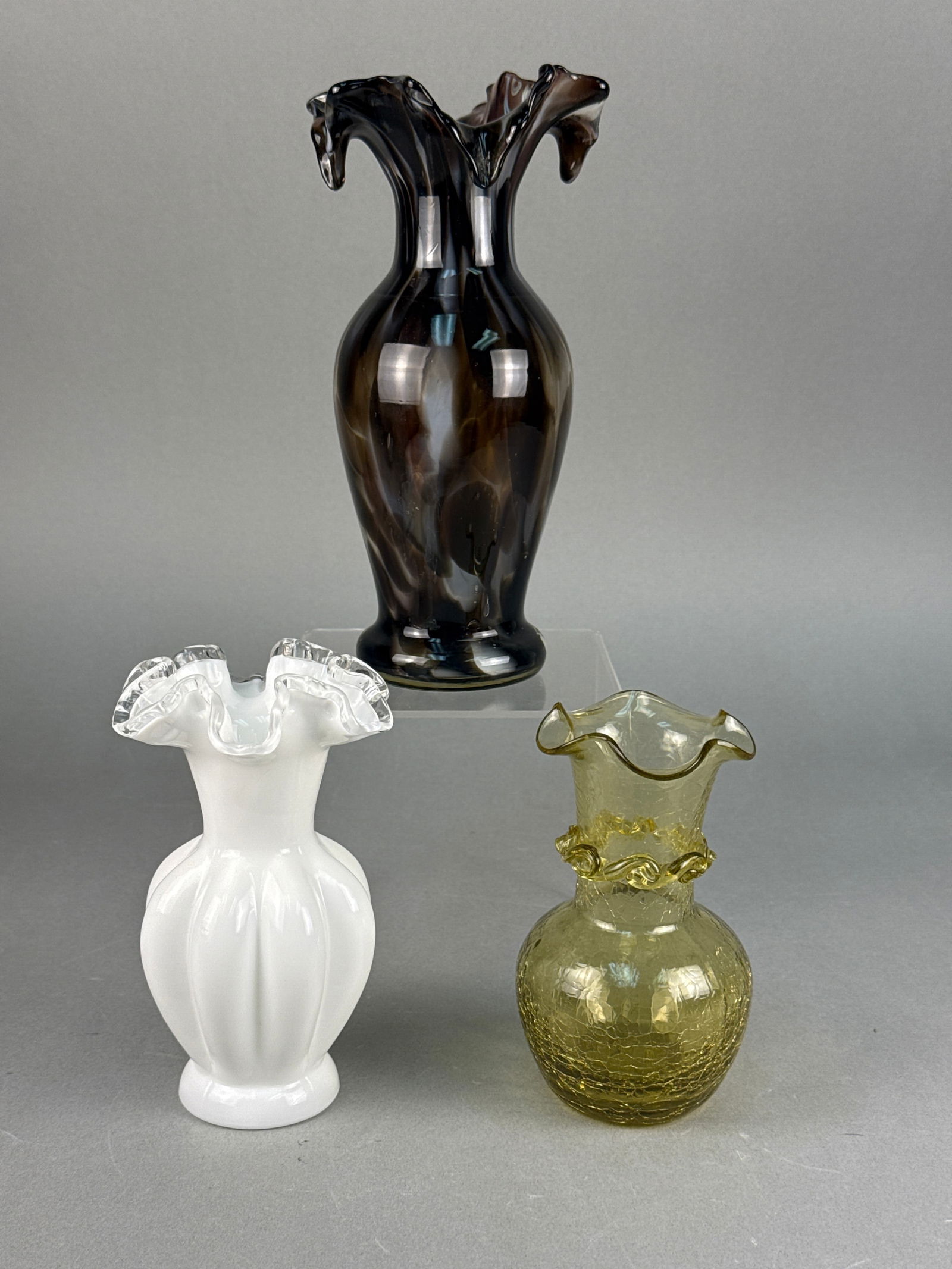 Imperial Glass Brown and White Slag Glass Vase and Two Assorted Glass Vases (1 of 6)