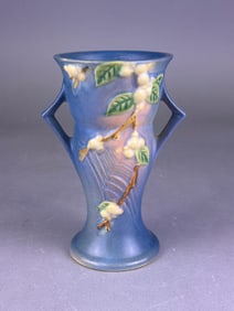 Roseville 'Snowberry' Blue Handled Vase, Shape 1VZ-7