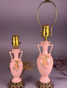 A Pair of Mid 20th Century Pink Ceramic Urn-Shaped Floral Table Lamps