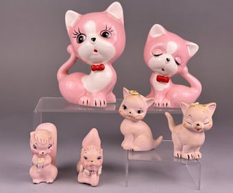 Six WENA ART and Other Mid-20th Century Pink Ceramic Cat and Squirrel Figures