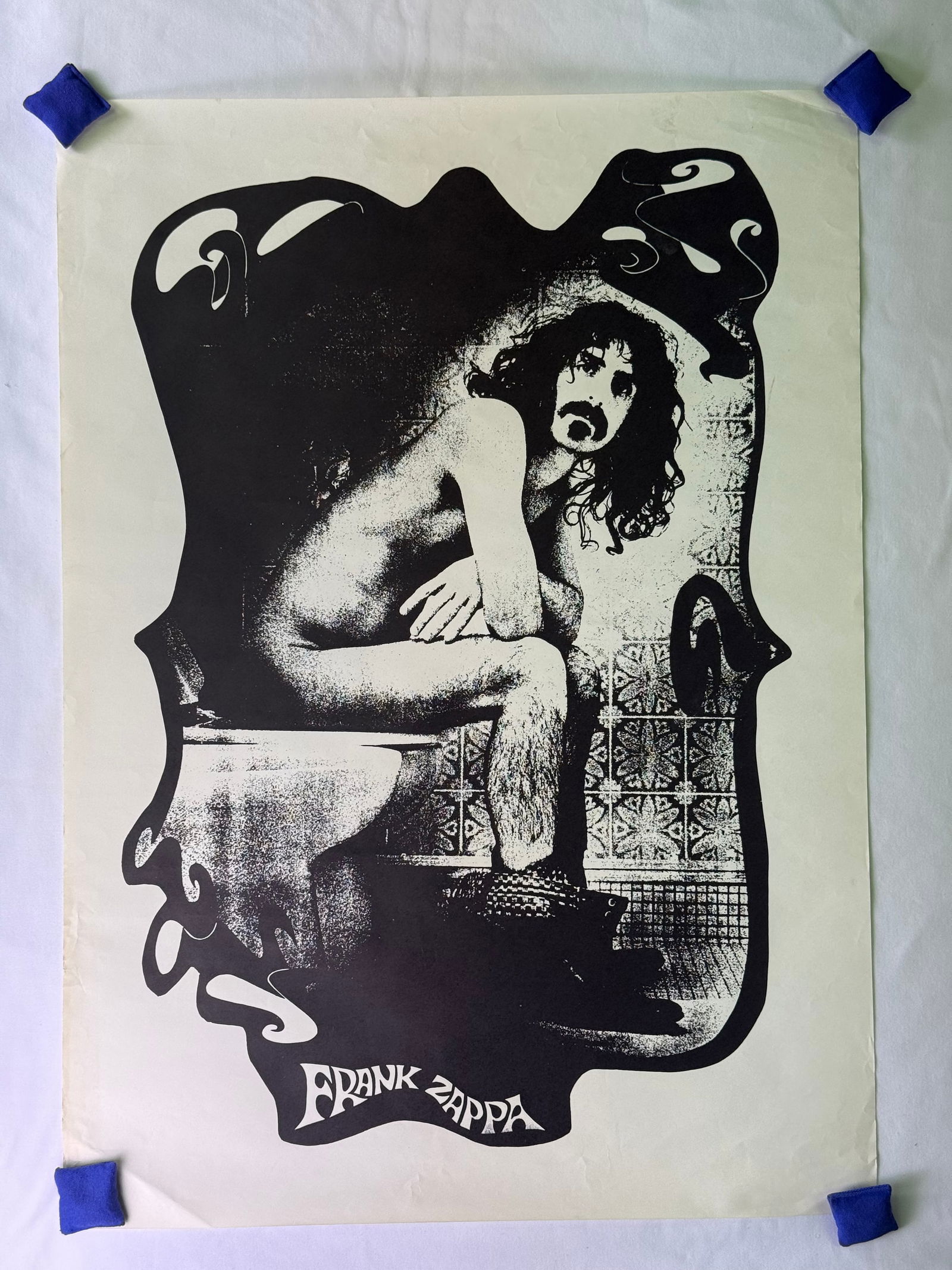 FRANK ZAPPA 'PHI ZAPPA KRAPPA' Original Head Shop Poster, circa 1960s: A large, black and white printed paper poster, identified through web intelligence as the iconic 'Phi Zappa Krappa' or 'Frank Zappa on Toilet' original head shop poster from the late 1960s. The poster