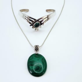 Sterling Malachite Bracelet & Necklace 28.8 Grams