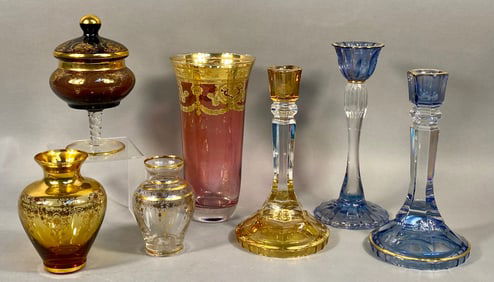 A Collection of Seven Italian Gilt-Decorated Glass Items, including J Prozio