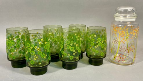 Anchor Hocking Autumn Tree Glass Canister and A Set of Six Mid-20th Century Green Glass Tumblers