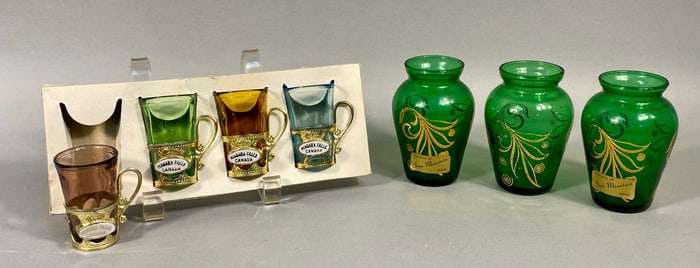 A Group of Osaka Glass Wares Four Miniature Souvenir Shot Glasses and Three Iron Mountain Souvenir