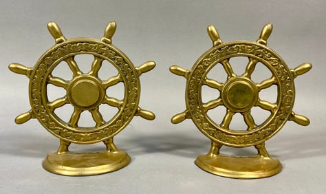 A Pair of Vintage Brass Nautical Ship's Wheel Bookends