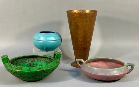 A Group of Four Decorative Vessels, including a Joseph Heinrichs Style Arts and Crafts Hand Hammered