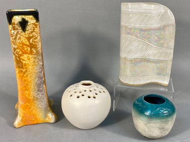 A Group of Four Ceramic Vases, including a Kellogg's Pottery Flower Frog
