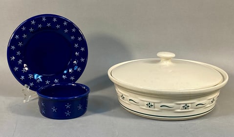 A Group of Longaberger Pottery Woven Traditions Blue and Cream-Colored Ceramics