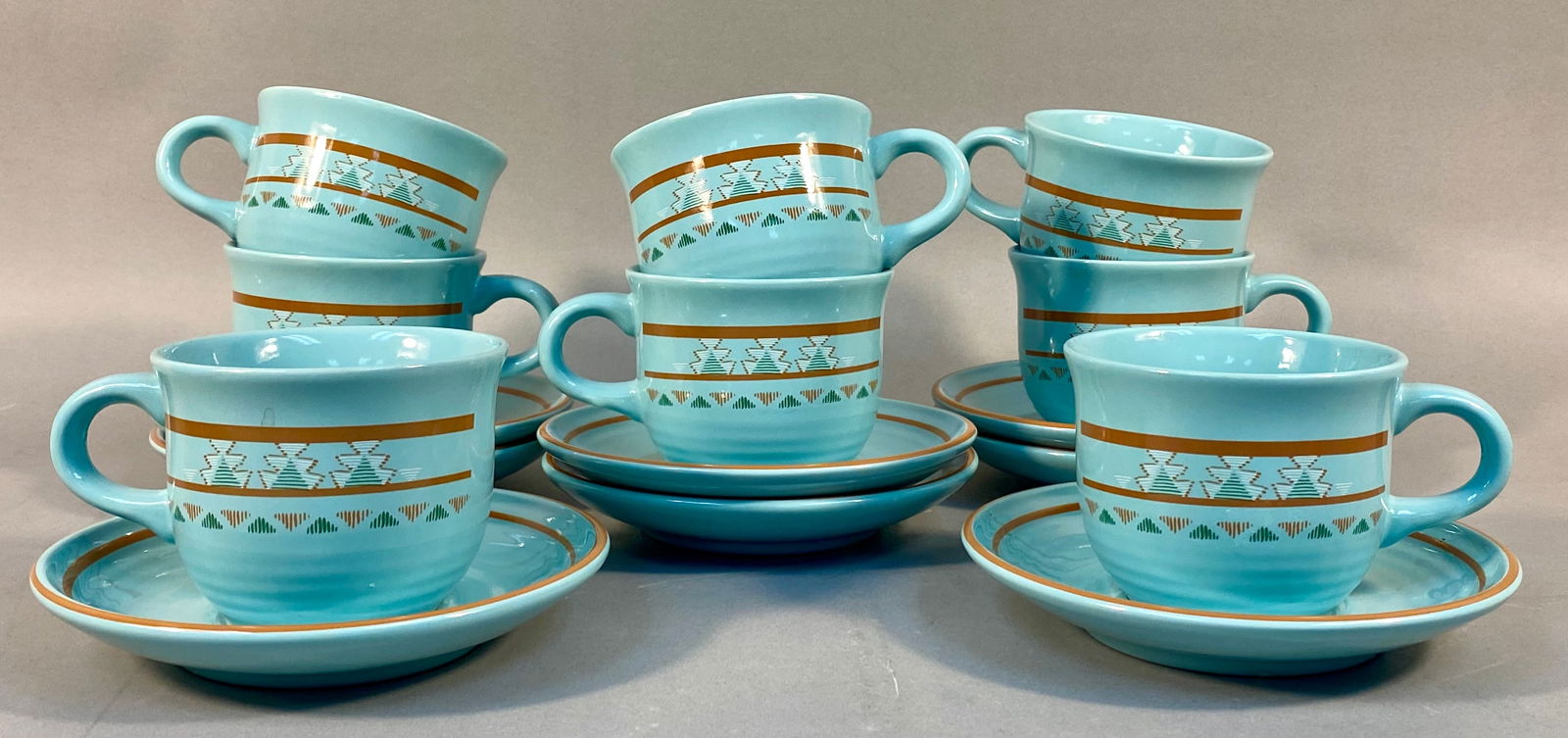 Eight International Tableworks Turquoise-Blue Stoneware Cup and Saucer Sets (1 of 5)