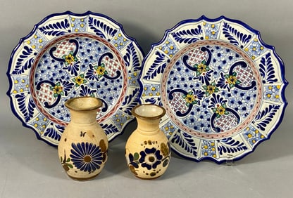 A Group of Four Mexican Ceramic Wares: Two Talavera Plates and Two Vases