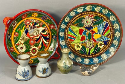 A Collection of Five Mexican Folk Art Pottery Items with Bird Motifs
