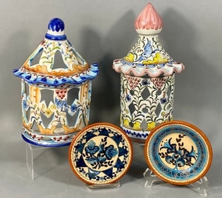 A Group of Four Portuguese Hand-Painted Earthenware Lanterns and Plates