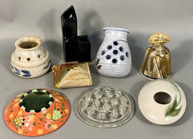 A Group of Eight Studio Art Pottery and Glass Decorative Items, including Votive Holders, Lanterns,