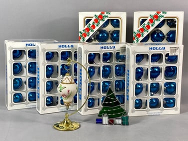 A Collection of Vintage Holly Blue Glass Christmas Ornaments, a Stained Glass Tree Ornament, and a