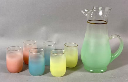 A West Virginia Glass 'Blendo' Frosted Pitcher and Six Tumblers