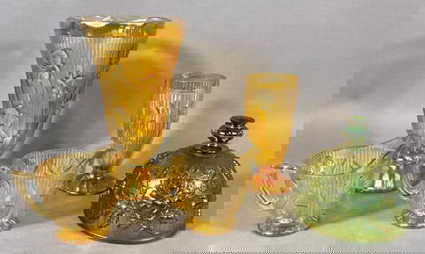 A Collection of Jeannette Glass 'Iris & Herringbone' Marigold Iridescent Glass, with an additional