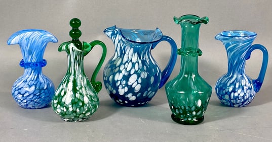 A Group of Mid-20th Century Hand-Blown Spatter Art Glass Vases and Pitchers