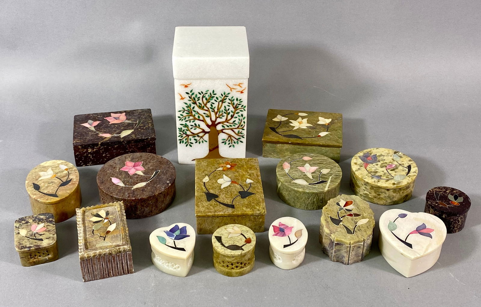 Sixteen Indian Pietra Dura Inlay Marble and Alabaster Boxes, including a 'Tree of Life' Container (1 of 11)