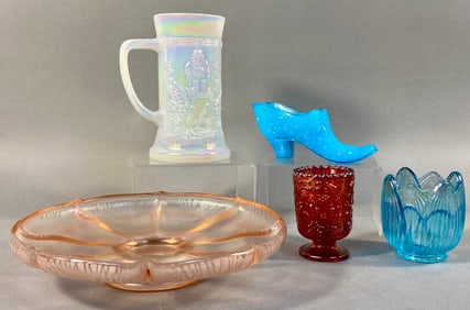 A Collection of Iridescent Pressed Glass, including a Federal Glass Milk Glass Beer Stein and Fenton