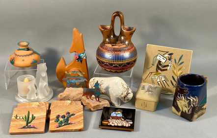 A Native American Navajo Horsehair Etched Wedding Vase and a Collection of Southwestern Decorative