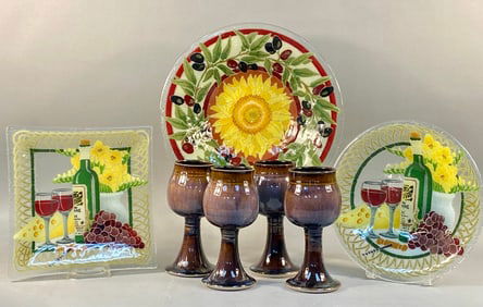 A Peggy Karr Fused Glass 'Tuscany' Sunflower & Olives Bowl, A Pair of Fused Glass Still Life Plates,