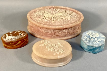 A Group of Four Decorative Boxes, including a Vintage Incolay Stone Jewelry Box