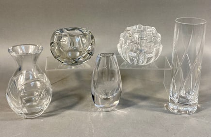A Group of Five Assorted Glass and Crystal Vases and Votives, including Kosta Boda, Hoya, Miller