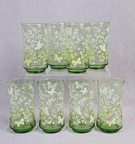 A Set of Eight Libbey 'Green With Butterflies & Flowers' Drinking Glasses