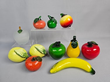 A Collection of Murano Style Art Glass Fruit Paperweights and Decorative Objects