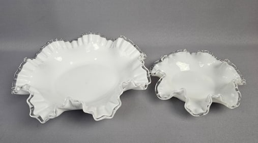 A Pair of Fenton Silver Crest Milk Glass Ruffled Bowls