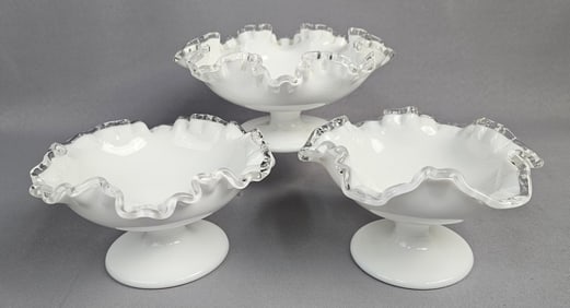 Three Fenton Silver Crest Milk Glass Footed Pedestal Bowls with Clear Ruffled Rims