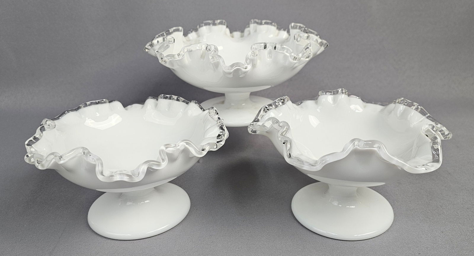 Three Fenton Silver Crest Milk Glass Footed Pedestal Bowls with Clear Ruffled Rims (1 of 11)