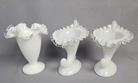 Three Fenton Silver Crest Milk Glass Pieces Vase and Cornucopias