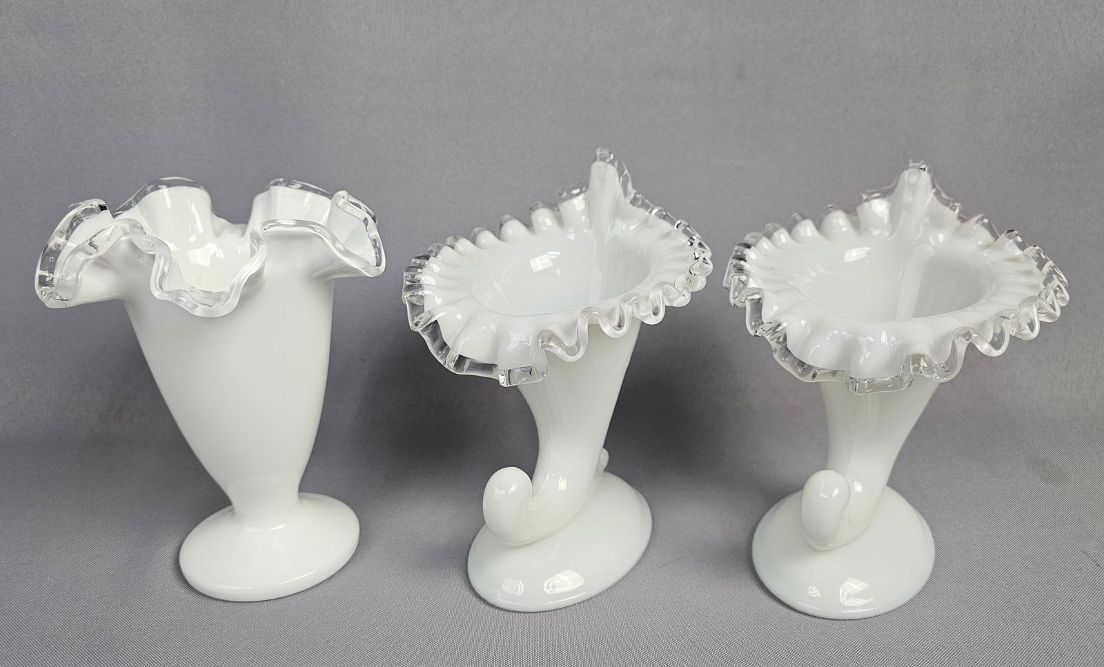 Three Fenton Silver Crest Milk Glass Pieces Vase and Cornucopias (1 of 12)