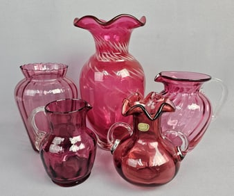 A Collection of Cranberry Glass Vases and Pitchers Including Bohemian Crystal