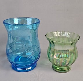 A Pair of Vintage Hand Blown Art Glass Vases, Blue Bubble and Iridescent Green