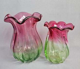 A Pair of Teleflora Watermelon Pink & Green Swirl Glass Vases
