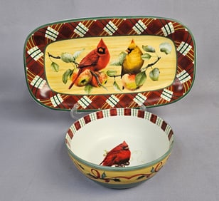 LENOX Winter Greetings Everyday Tartan Serving Tray and Cardinal Bowl