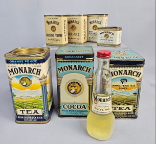A Collection of Eight Vintage 'Monarch' Brand Food Containers by Reid, Murdoch & Co., including