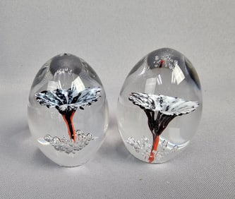 A Pair of Daum France Signed Art Glass Egg Shape Paperweights