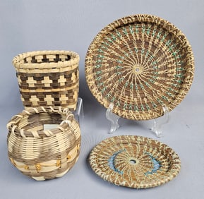 A Group of Four Handcrafted Woven Baskets and Mats, including works by Agnes K. Welch and Pearl