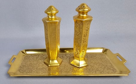 A Three-Piece Pickard Gold Gilded Etched Porcelain Salt & Pepper Shaker Set with Tray, Made in Japan