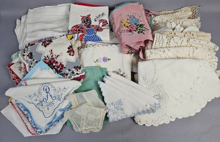 A Collection of Mid-20th Century Vintage Textiles, Including Handkerchiefs, Doilies, and Linens