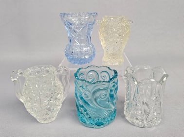 A Group of Five Pressed Glass Toothpick Holders, Including L.G. Wright