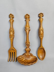 Vintage Arnels Ceramic Brown Fork, Spoon, and Ladle Wall Art Set